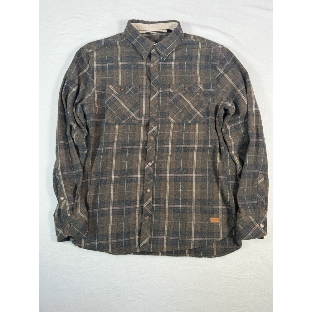 Outpost‎ Makers Plaid Flannel Shirt Brown Gray Snap Front Size L Workwear